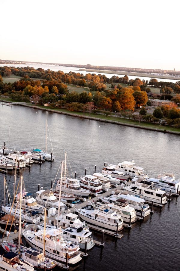 An aerial view of the marina near Intercontinental Washington DC The Wharf, an IHG Hotel.