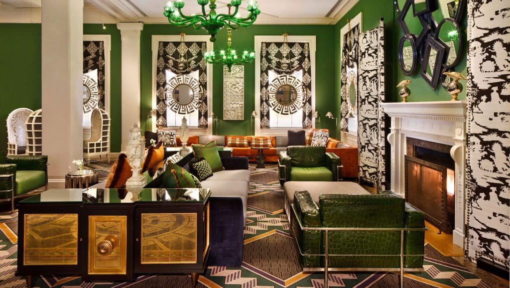 The green and modern lobby of Kimpton Hotel Monaco Washington DC.
