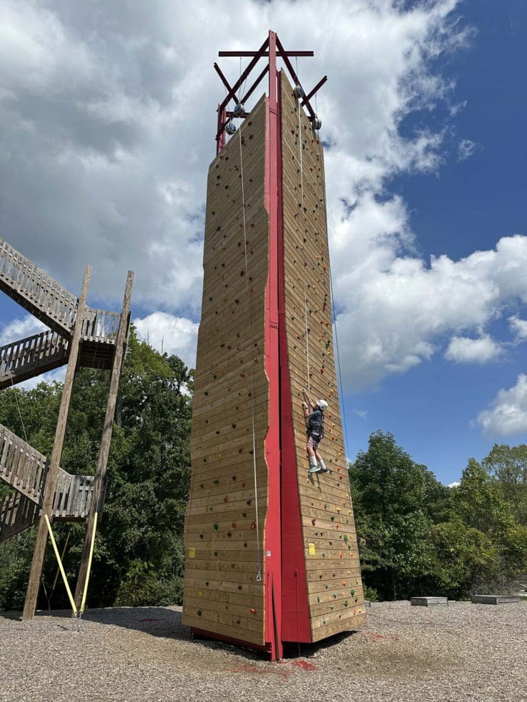 A young boy climbs up a climbing wall.