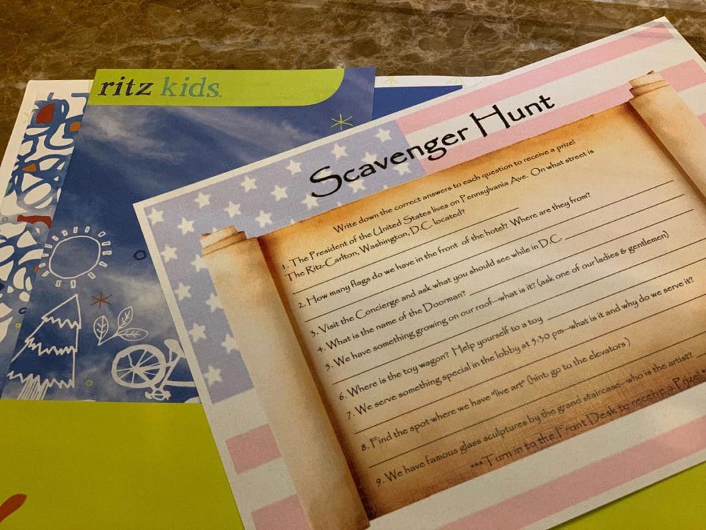 The scavenger hunt offered to kids at The Ritz Carlton, Washington DC.