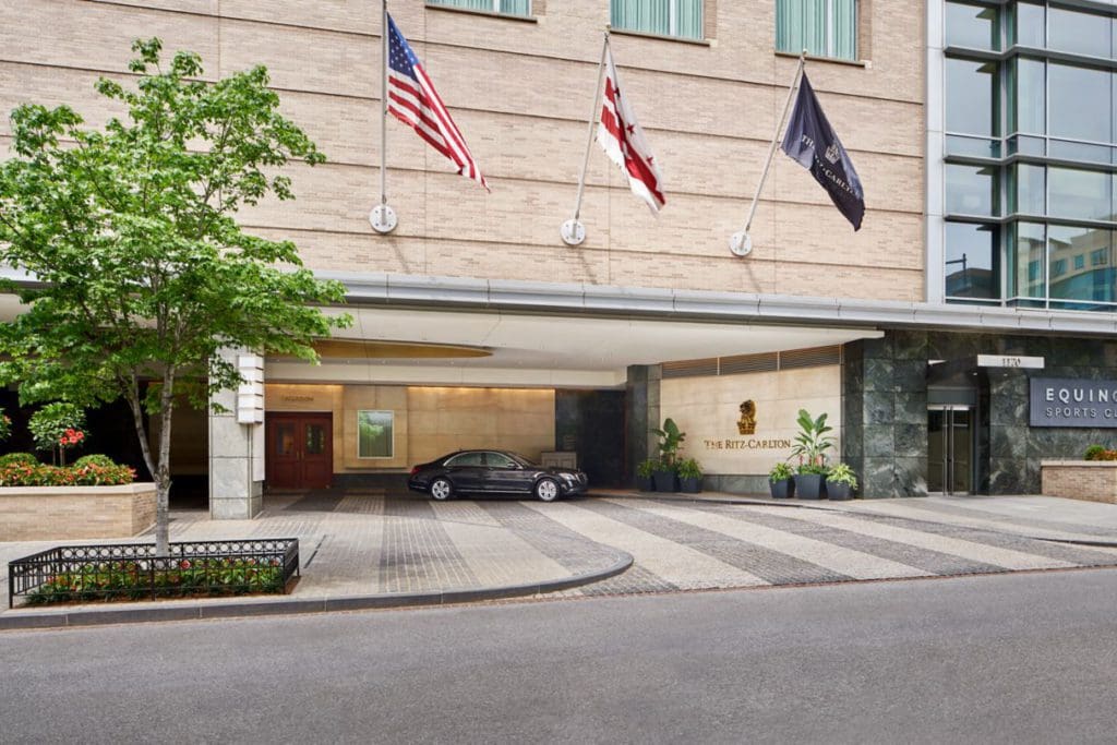 The entrance to The Ritz Carlton, Washington DC. It's one of the best Marriott hotels in Washington DC for families! 