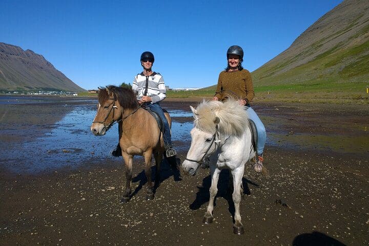 Two people sit atop their own horses while on the The Valley Ride Private HORSE RIDING Tour.