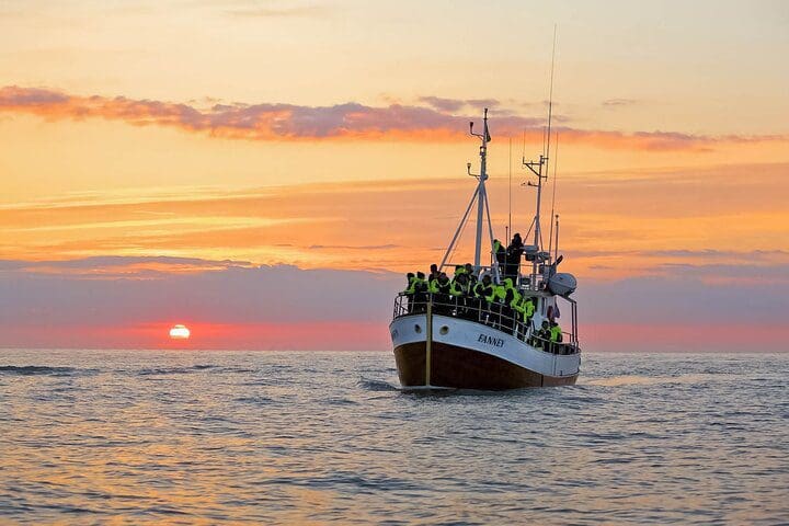 A fishing ship moves through the water at sunset, while leading the Whales and Puffins Tour from Husavik.
