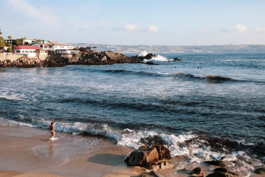 Person standing beside the seashore in La Cruces Region de Valparaiso in Chile, one of the best places in South America with kids.