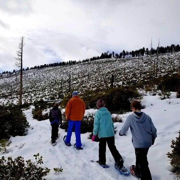 Four people snowshoe along a trail in Lake Tahoe.