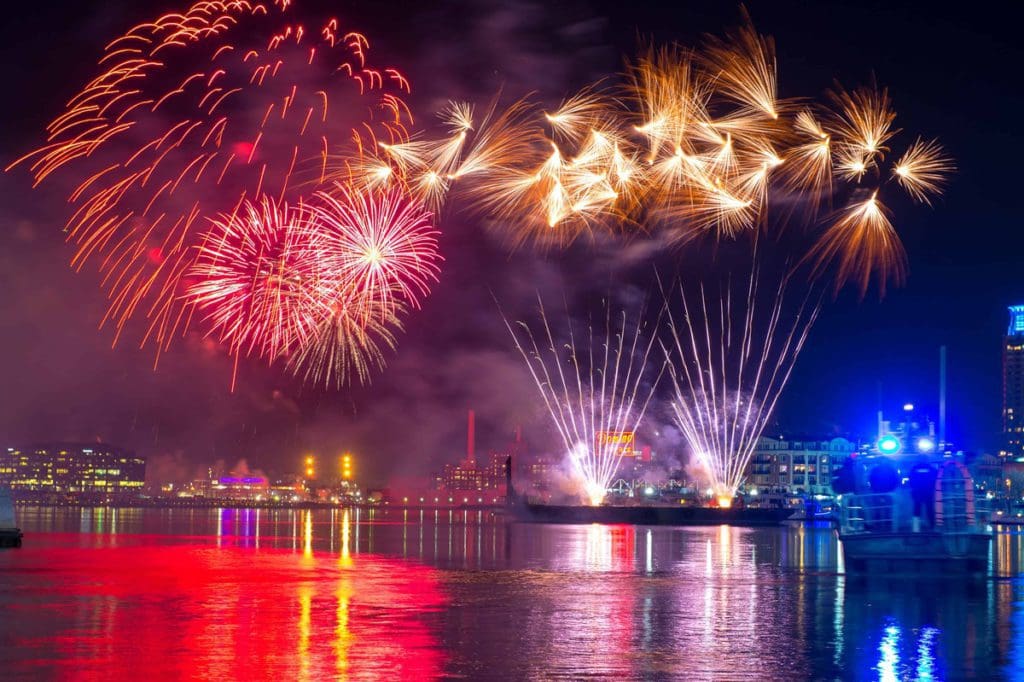 Fireworks over Baltimore on New Year's Eve, one of the best places near NYC to ring in the New Year with kids.