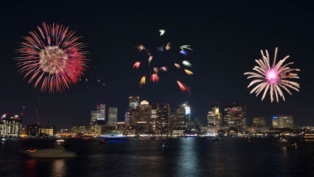 Fireworks over Boston for New Years Eve, one of the best places near NYC to ring in the New Year with kids.
