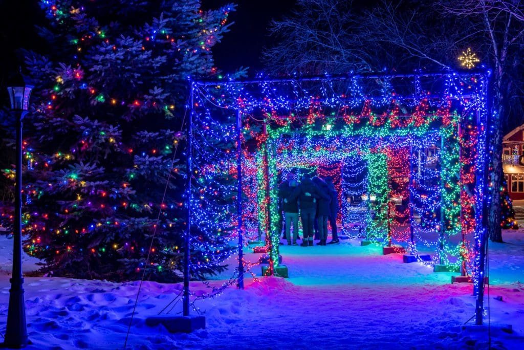 A lighted holiday walk area in Door County, one of the best budget-friendly Christmas destinations in the US for families.