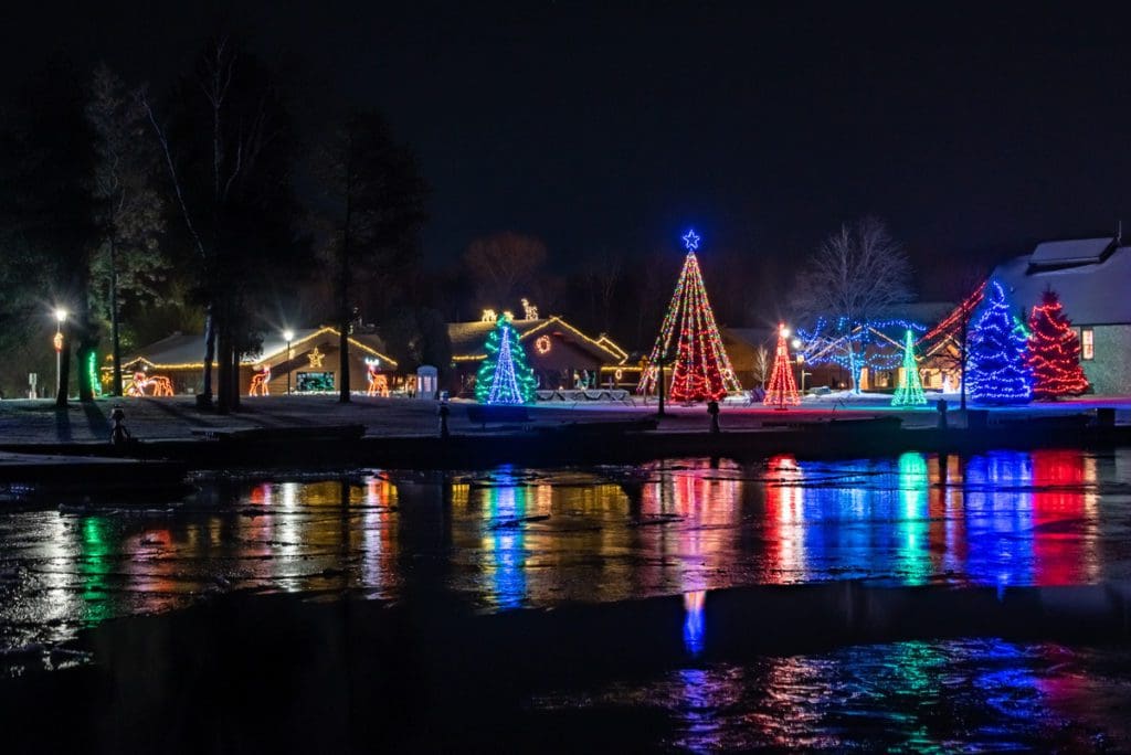 A lighted path for Christmas along the water in Door County.