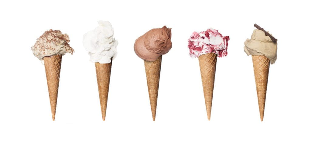 A product shot of five gelato cones with varying types of flavors from Gelato Boy, one of the best dessert spots in Denver with kids.