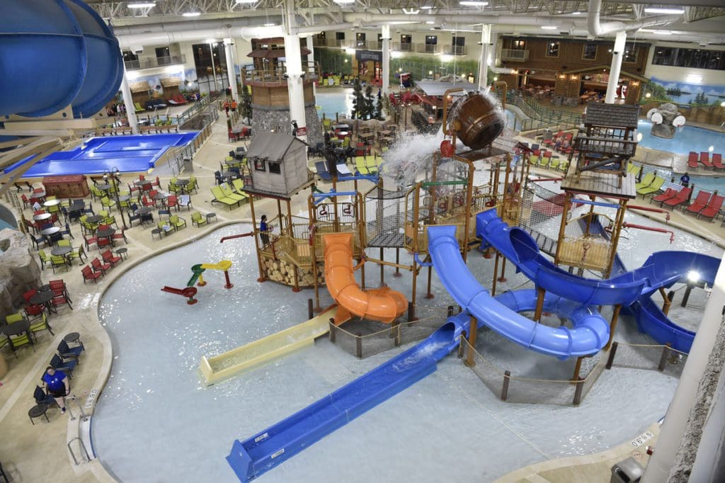 An aerial view of the indoor waterpark at Great Wolf Lodge Minneapolis/Bloomington.