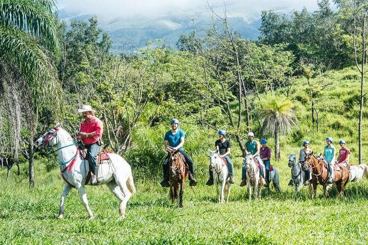 A group of horseback riders on the Guachipelin Adventure Volcano Zipline Horseback River Tubing Combo tour.