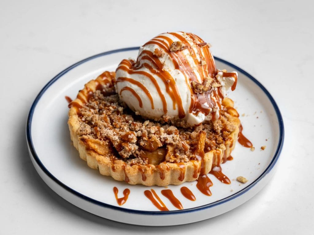 An apple tart with a large scoop of ice cream on top from Heaven Creamery, one of the best dessert spots in Denver with kids.