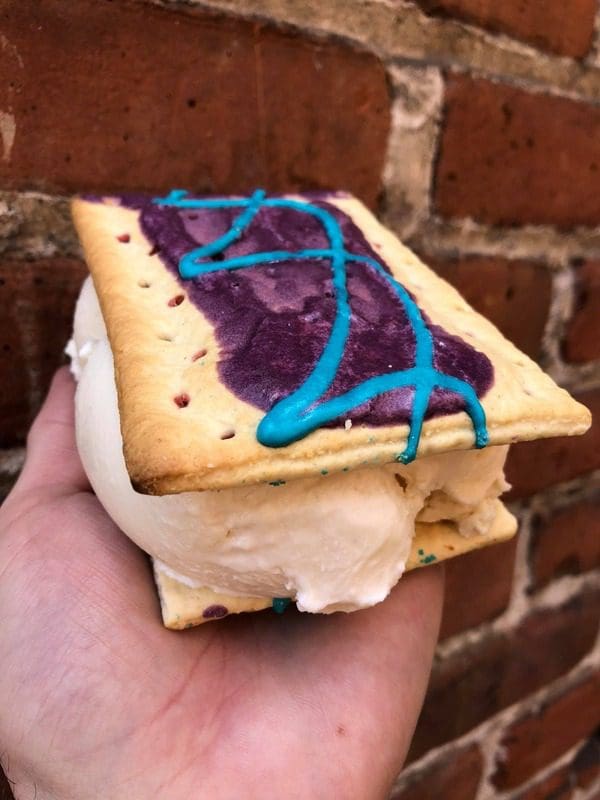 An ice cream sandwich made using a pop tart from Ice Cream Riot.