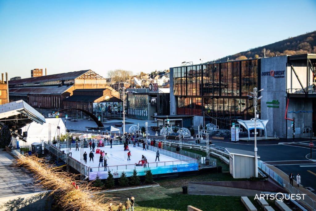 An aerial view of outdoor ice skating in Bethlehem.