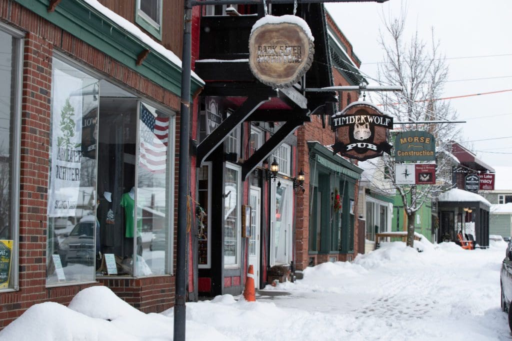 A lovely, snow-filled street in Lake Placid during Christmas.