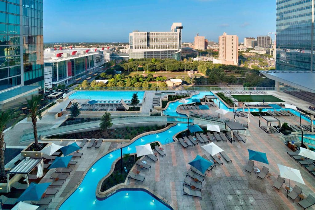 The outdoor pool and lazy river at Marriott Marquis Houston.