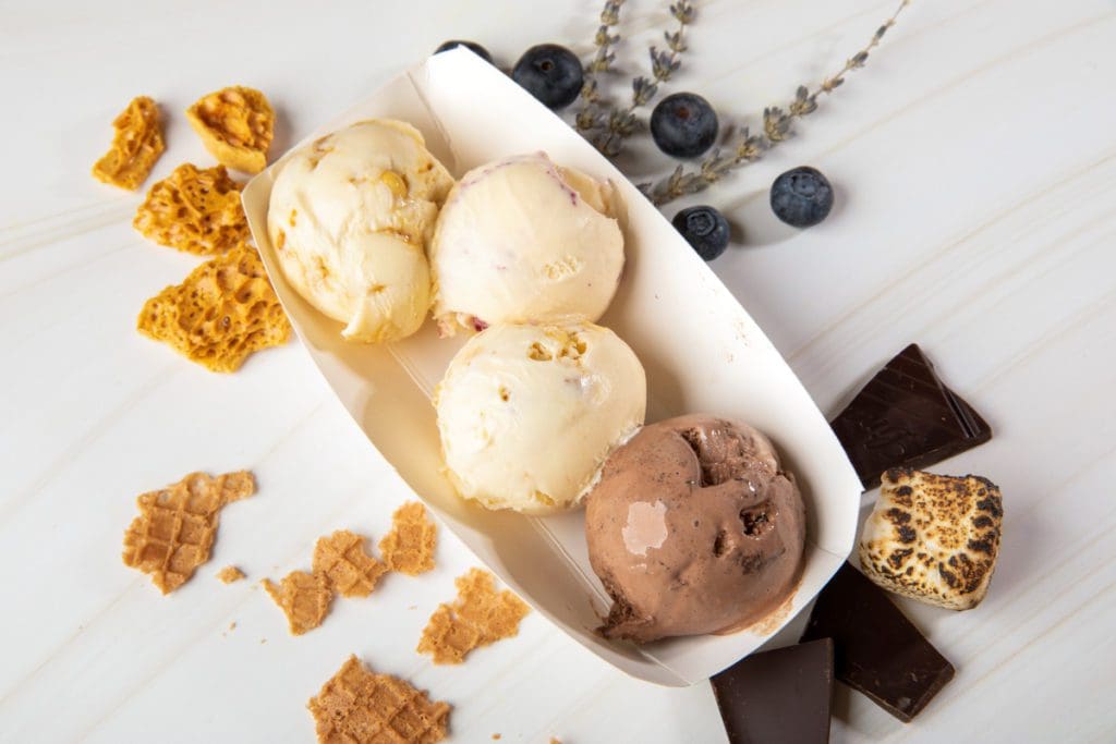 An overhead look at a large dish of ice cream from Pints Peak, one of the best dessert spots in Denver with kids.