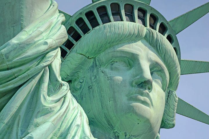A close up of the head of the Statue of Liberty, as seen on the Private Statue of Liberty and Ellis Island Tour.