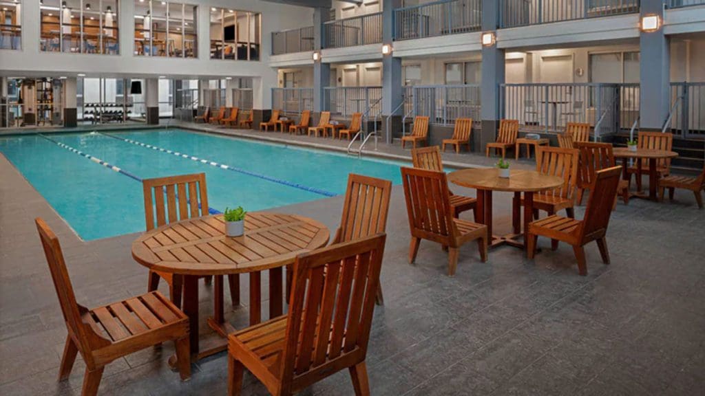 The indoor pool and surrounding pool dec at Renaissance Minneapolis Bloomington Hotel. 