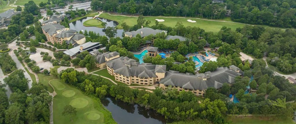 An aerial view of the grounds of The Woodlands Resort, Curio Collection by Hilton.