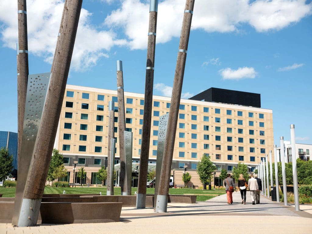 People walk toward the Hyatt Regency Bloomington-Minneapolis.