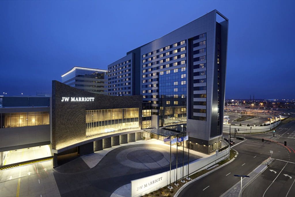 The exterior of JW Marriott Minneapolis Mall of America at night.