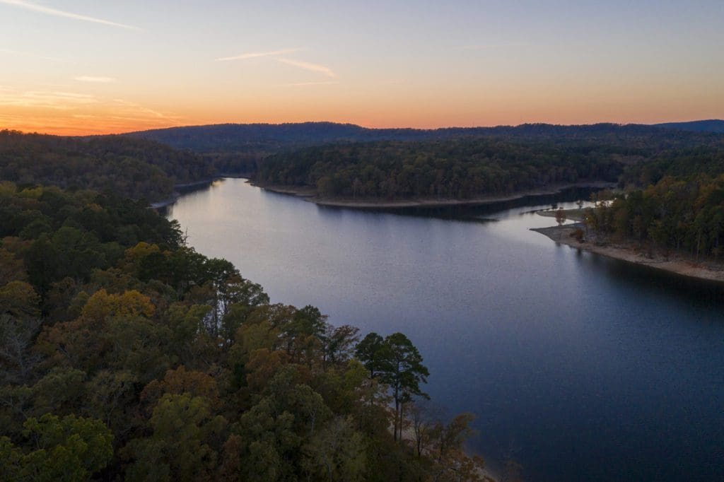 An aerial view of Beavers Bend Lodge at night in Broken Bow.