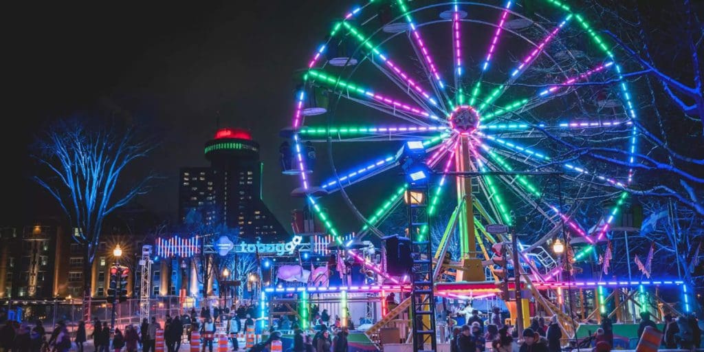 An illuminated Ferris wheel during Quebec City's New Year celebration.