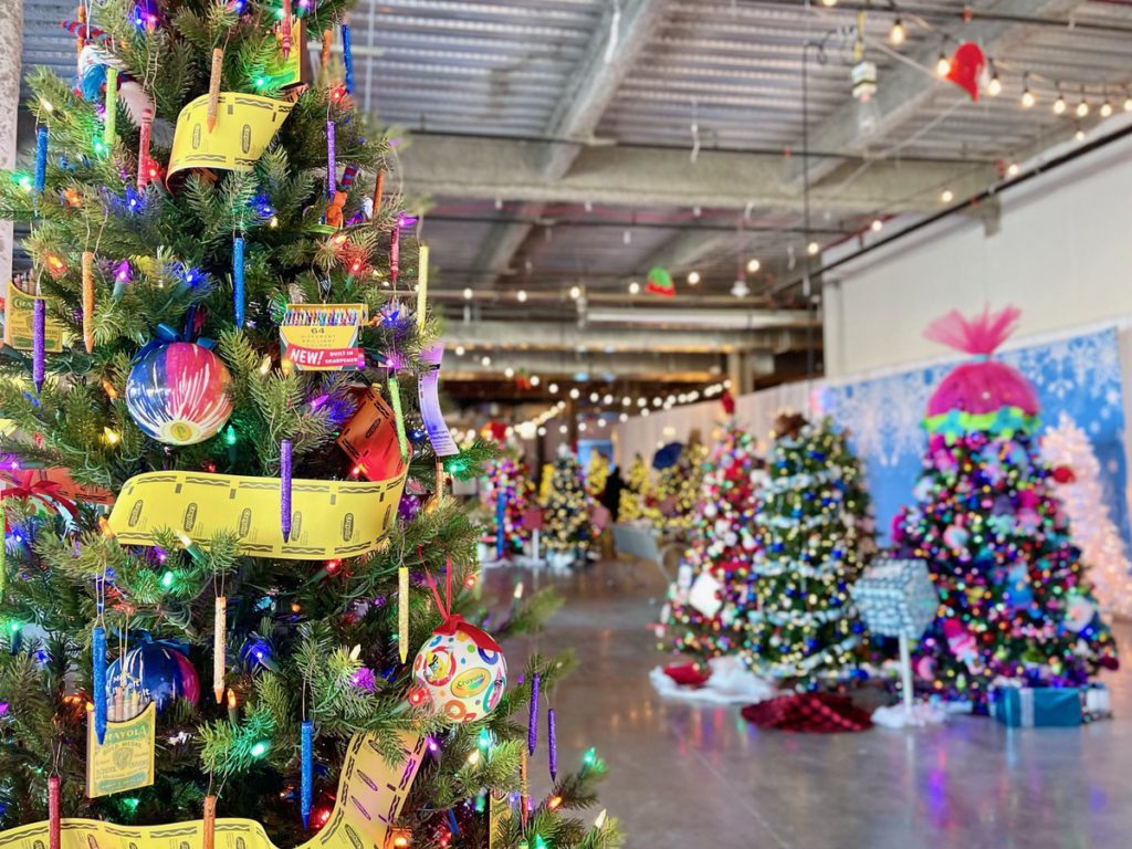 Several highly decorated trees along the Festival of Trees path at the Mall of America.