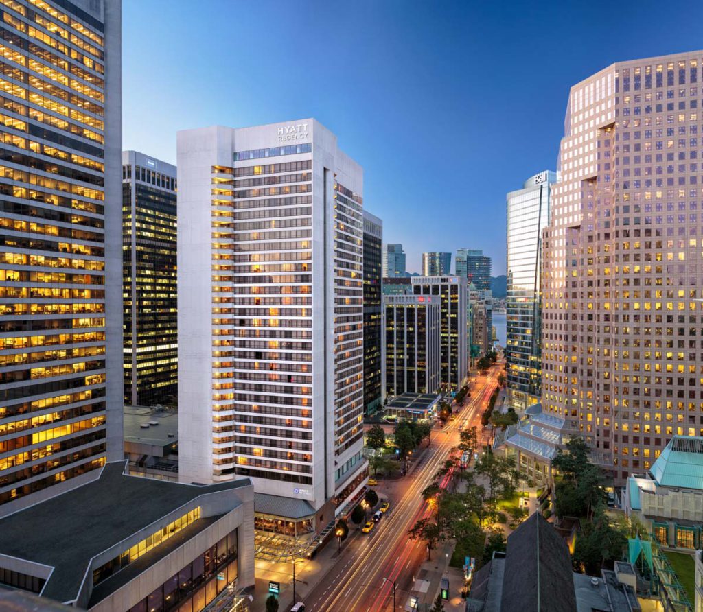 An exterior view of the Hyatt Regency Vancouver, one of the best hotels in Vancouver for families.