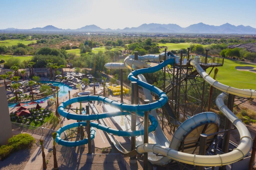 The outdoor pool and waterslide at the JW Marriott Desert Ridge Resort and Spa