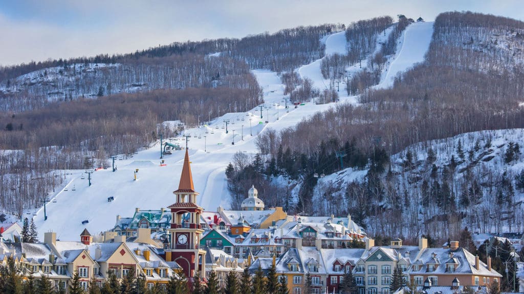 A view of the Mont-Tremblant Ski Resort in Canada at sunset