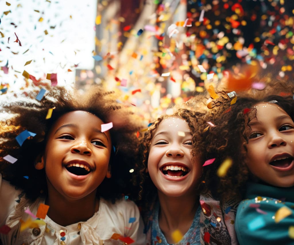 Three young girls laughing and celebrating the New Year under confetti.