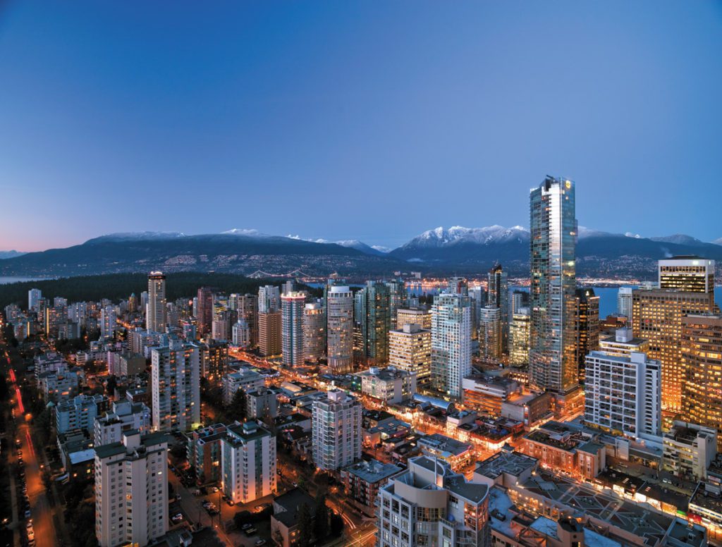 An aerial view of the exterior of the Shangri-La Vancouver, one of the best hotels in Vancouver for families. 