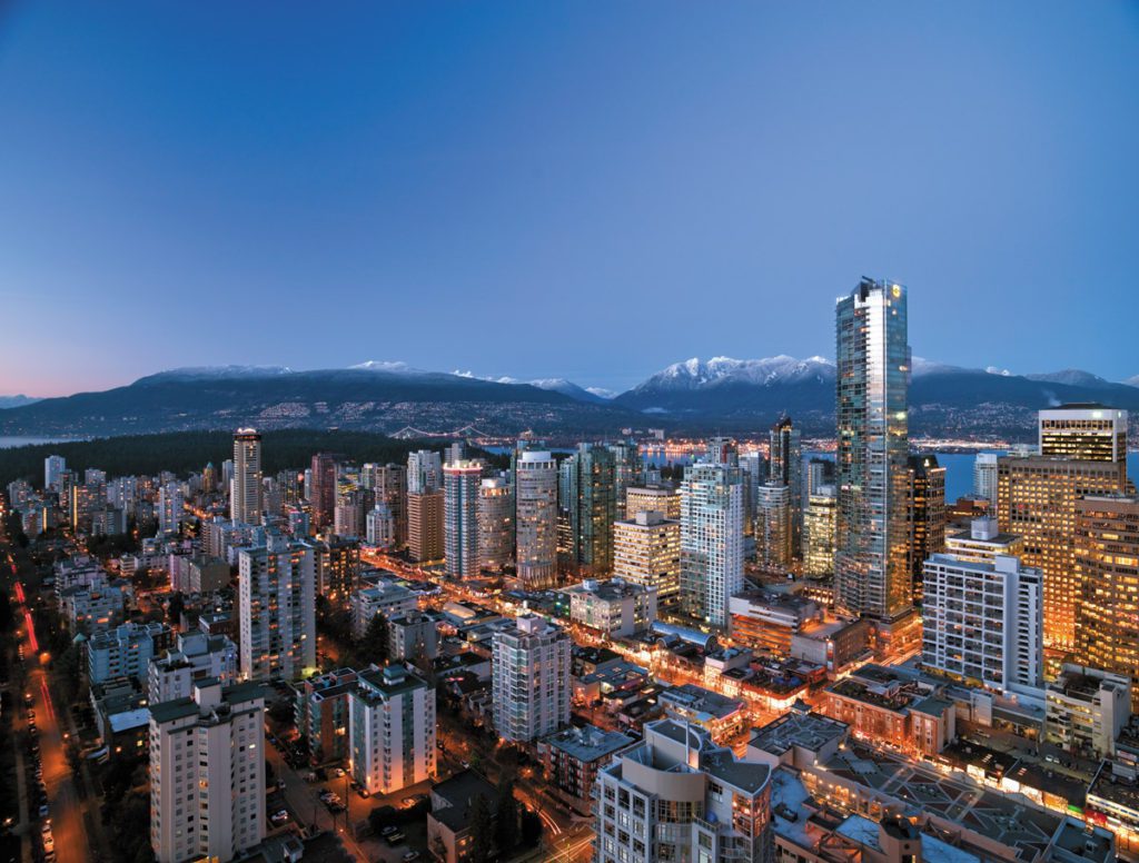 An aerial view of the exterior of the Shangri-La Vancouver, one of the best hotels in Vancouver for families.