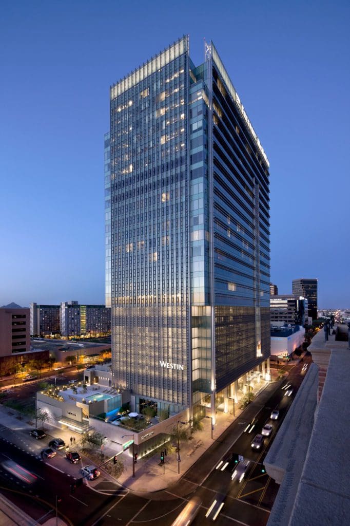 A view of the Westin Phoenix Downtown and all the buildings surrounding it in downtown Phoenix