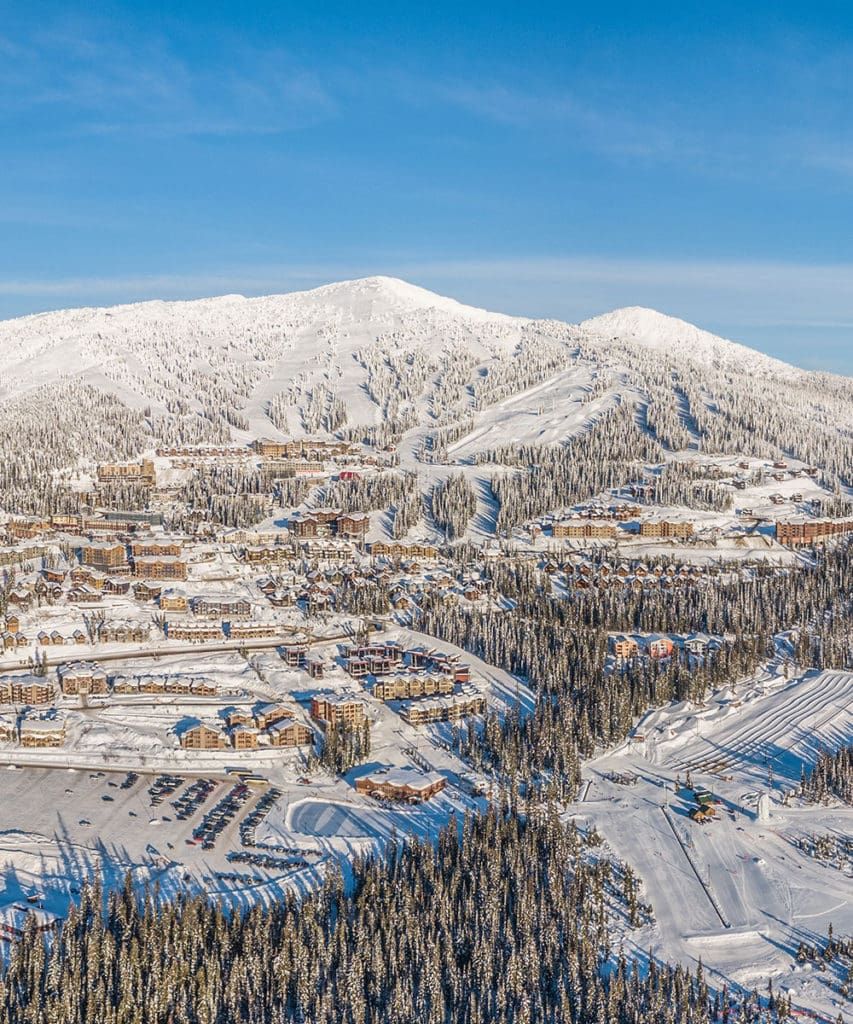 A panoramic shot of the Winter Village at Big White Ski Resort
