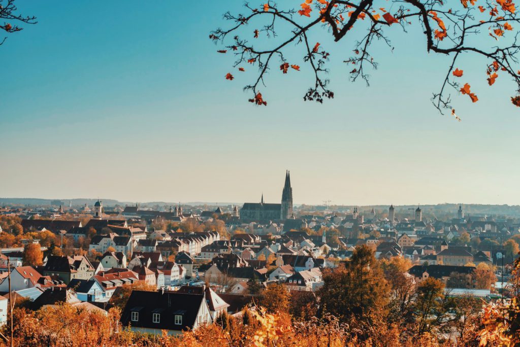 An aerial view of Regensburg in the fall, one of the best places in Germany to visit with kids.