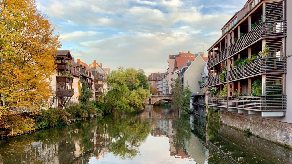 House flank a canal in Nuremberg, Germany.