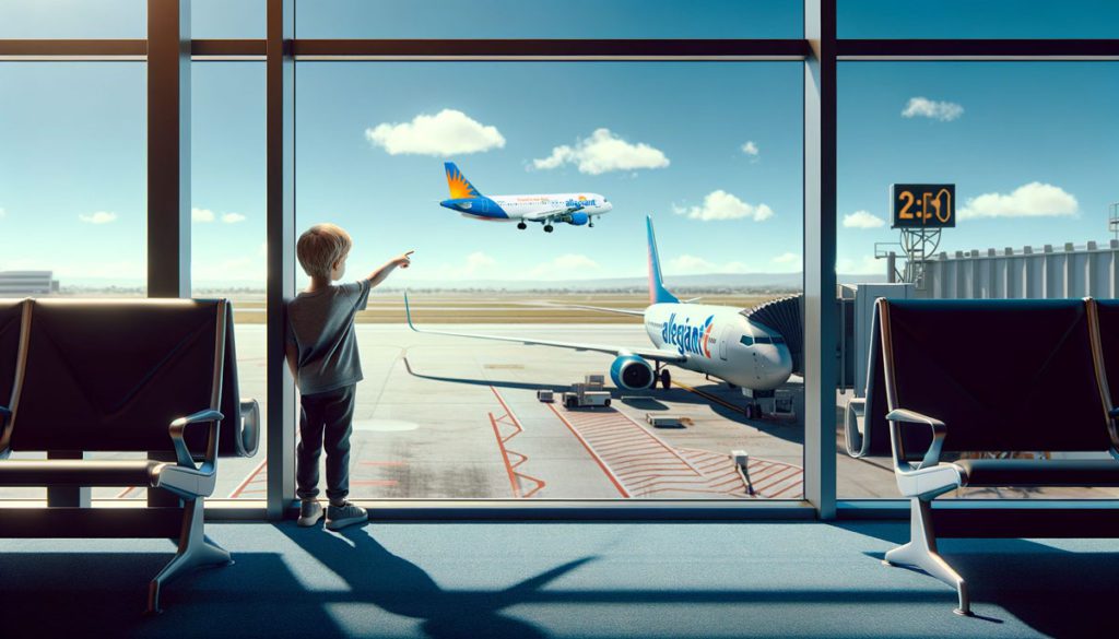 A child staring out an airport window at an Allegiant Airlines plane. This photo is part of our article on Allegiant Airlines policies for kids. 