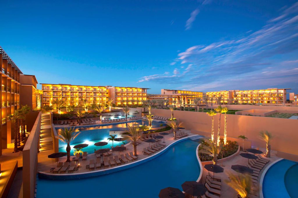 A nighttime view of the pools at the JW Marriott Los Cabos. 