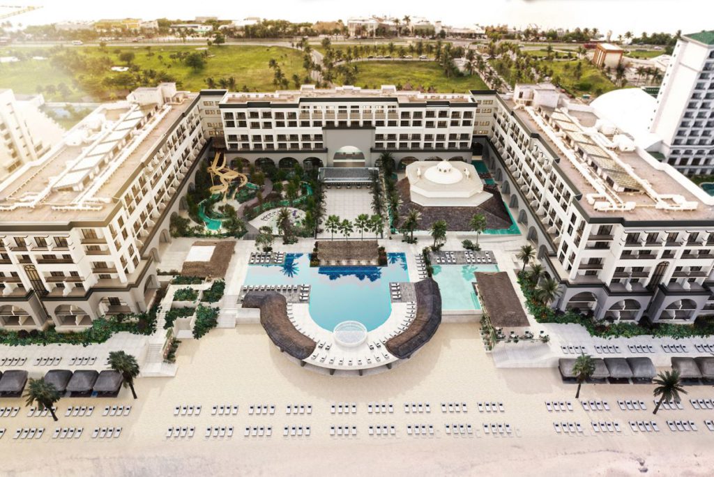 An aerial view of the property at the Marriott Cancun All-Inclusive, one of the best Marriott hotels in Mexico for families.
