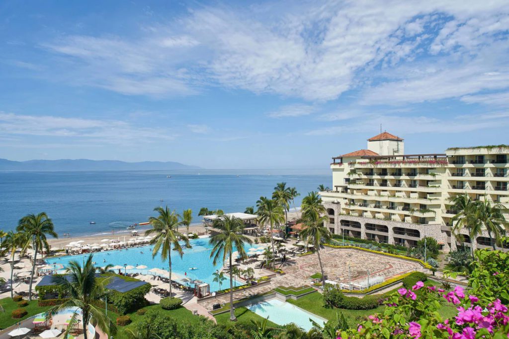 An aerial view of the pool at the Marriott Puerto Vallarta Resort and Spa. 