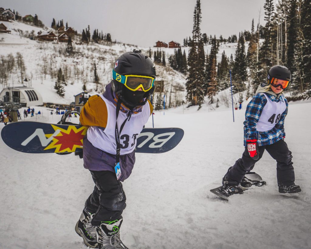 Kids learning to ski at the Powder Mountain Ski School in Utah. 