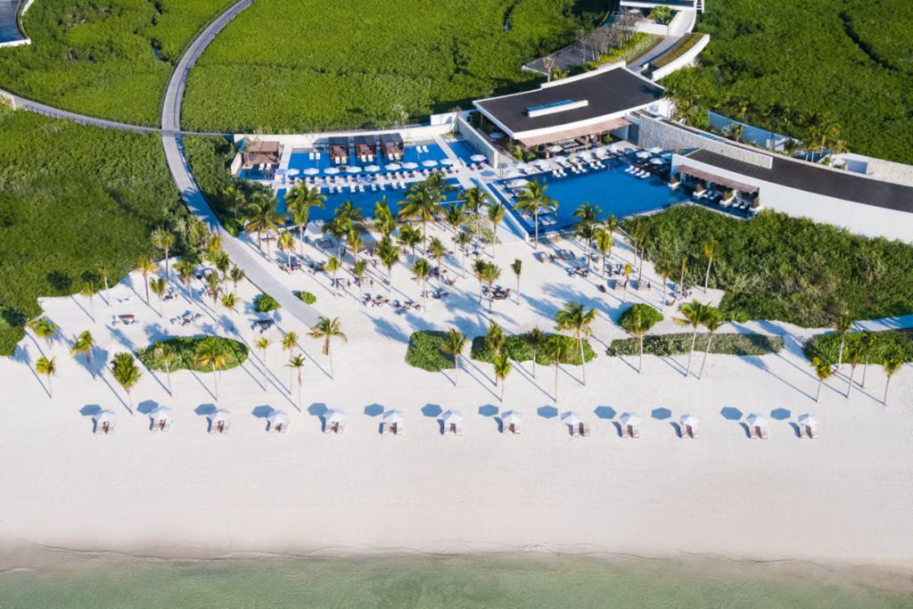 An aerial view of the beach area at The St. Regis Kanai Riviera Maya