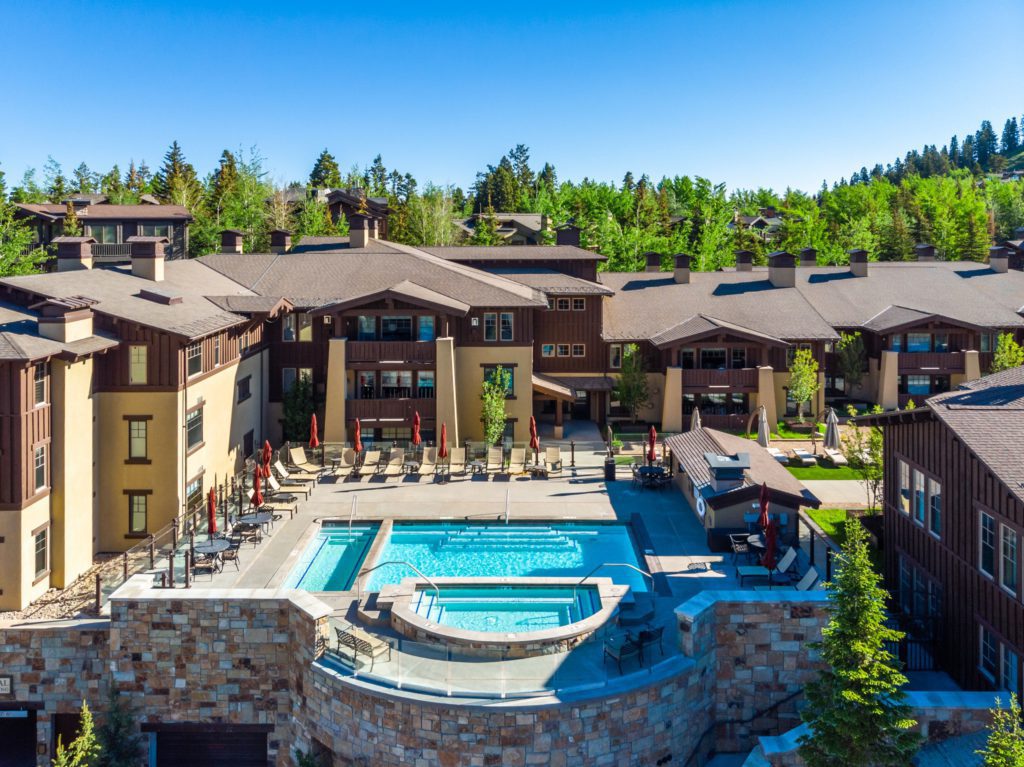 The pool complex at the Chateaux Deer Valley, one of the best hotels in Deer Valley for families.