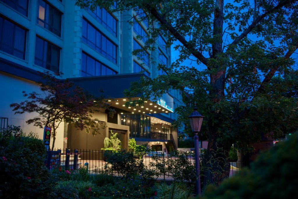 A nighttime exterior view of The Ven at Embassy Row Washington DC