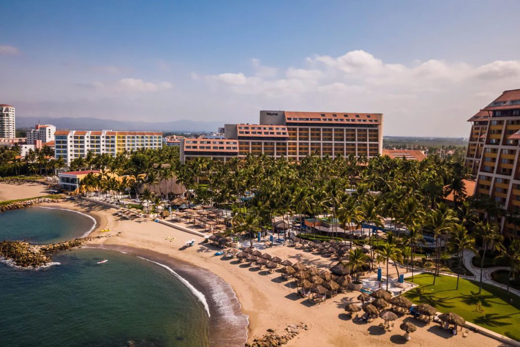 An aerial view of the beach at The Westin Resort and Spa Puerto Vallarta, one of the best Marriott hotels in Mexico for families. 