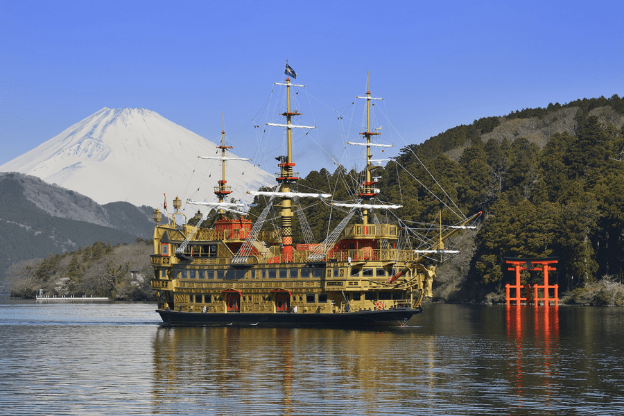 A pirate tour boat on the water in Hakone, Japan